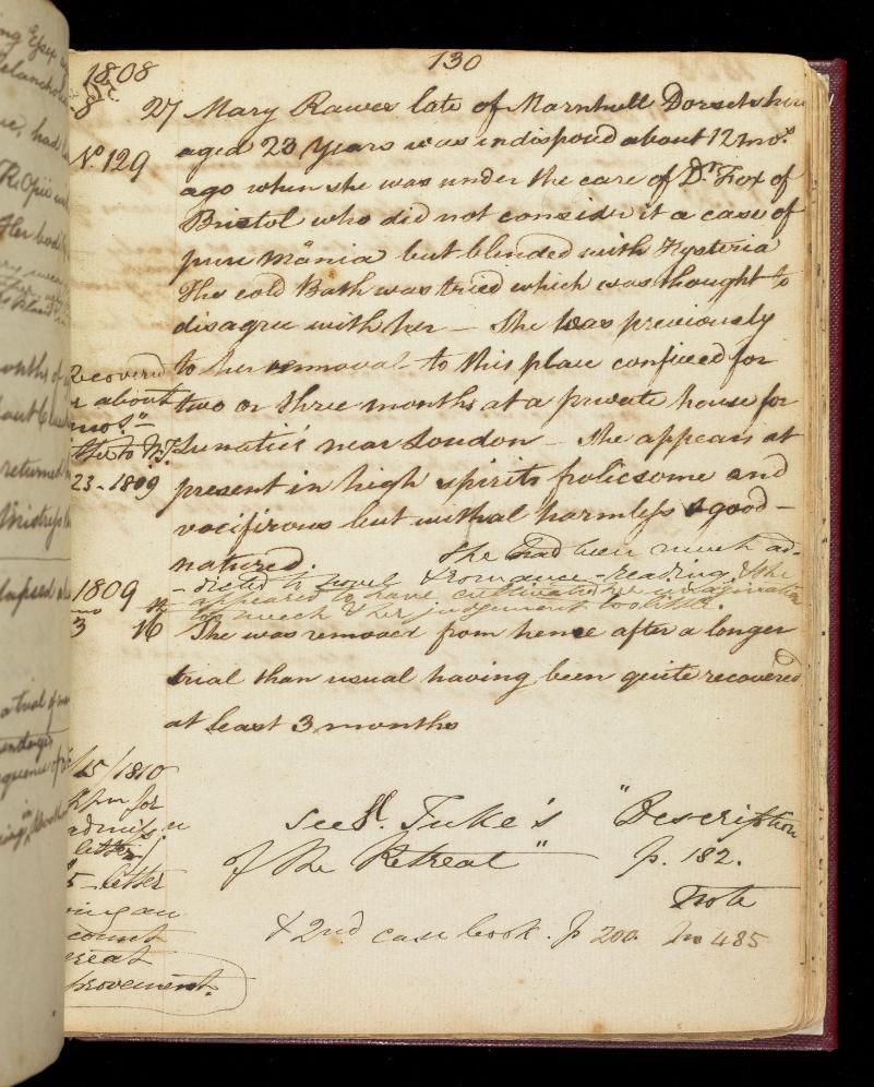 Handwritten notes in ink faded to brown on paper. The document is part of a larger volume and details the admission of Mary Rawes to The Retreat.